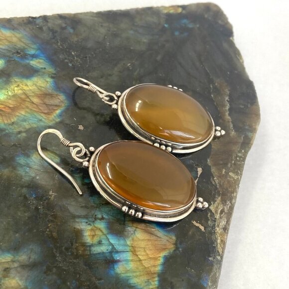 Sterling Silver 925 Large Bezel Set Oval Agate Quartz Dangle Drop Earrings - Picture 12 of 16